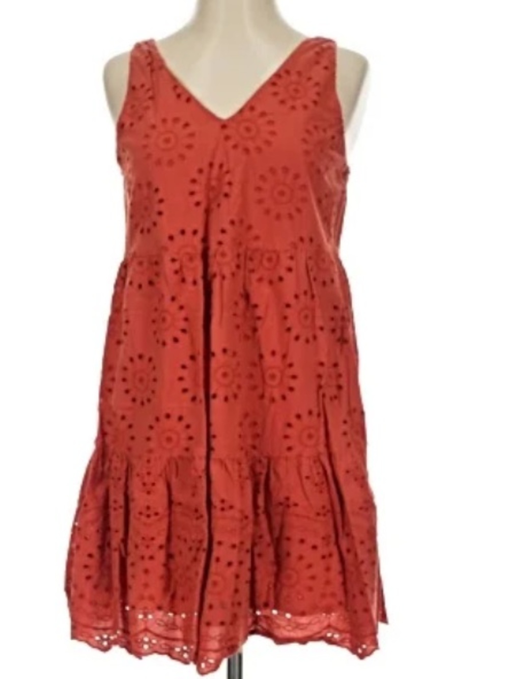 LOFT Orange Terracotta Rust Eyelet V-Neck Tiered Mini Dress - Picture 7 of 7